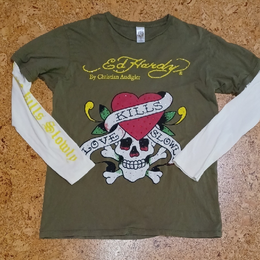 Ed Hardy By Chritian Audigier Men's Long Sleeve Tee Shirt Olive/Cream Size L